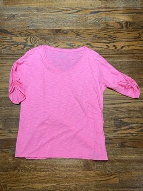 Talbots Pink V-Neck Short Sleeve Top with Ruched Sleeves